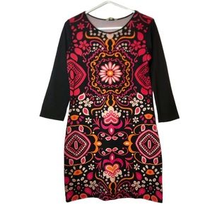Global Desi Dress Long Sleeve Floral Retro Pattern Size Small